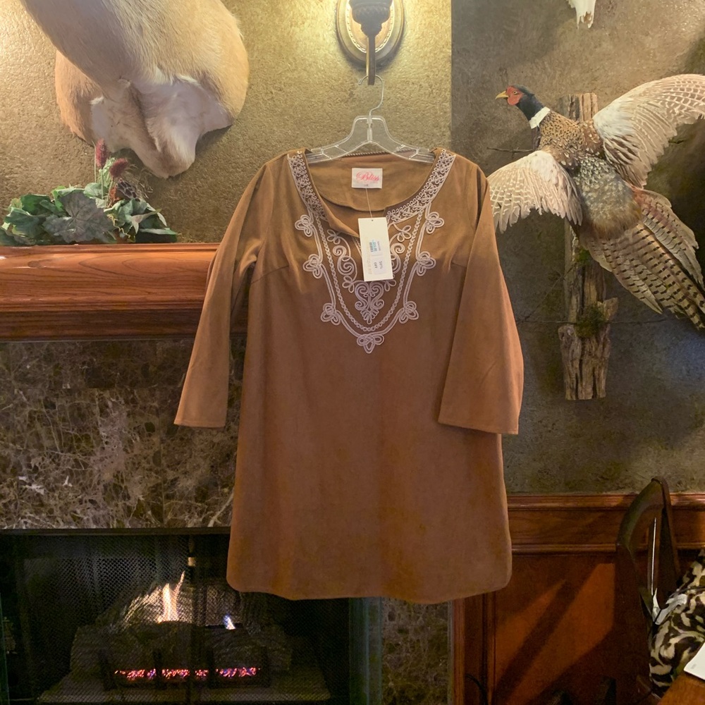 Bliss Boutique Brown Dress with Embroidery - NWT-size small - suede like fabric